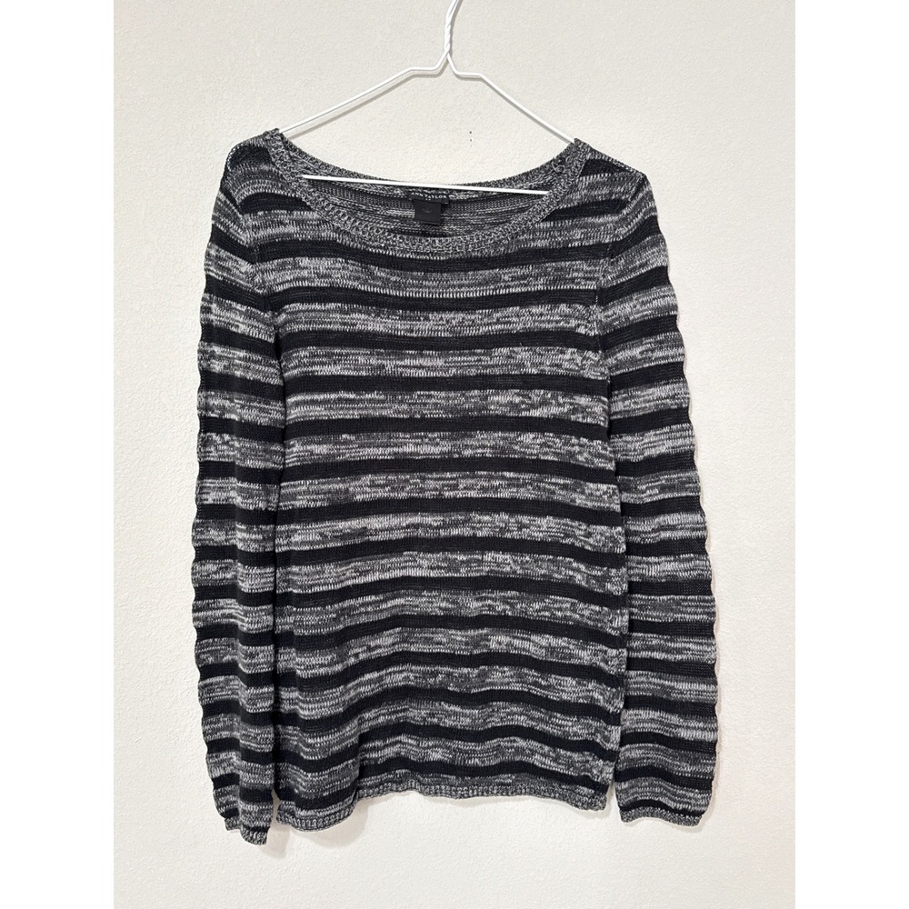 Ann Taylor Striped Knit Sweater Womens Small Black Grey Scoop Neck Lightweight